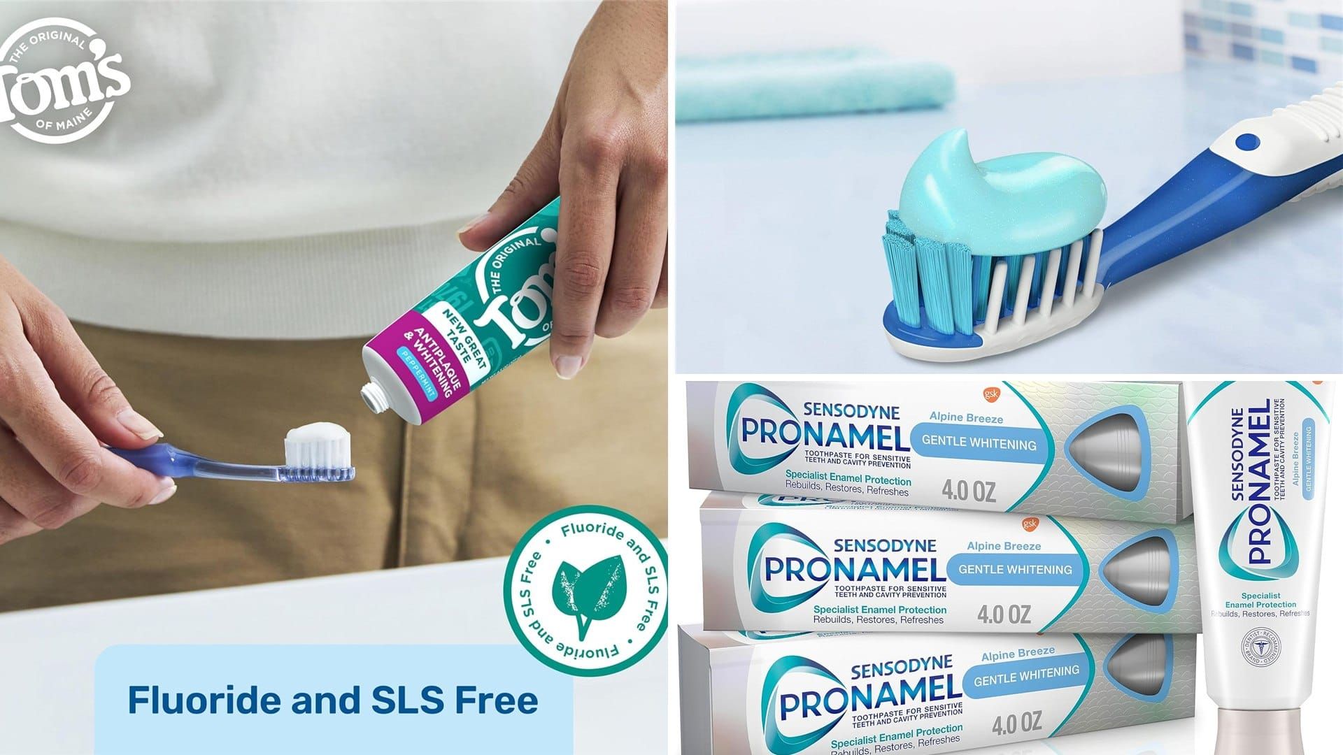 Toothpaste on a toothbrush with Sensodyne Pronamel packs