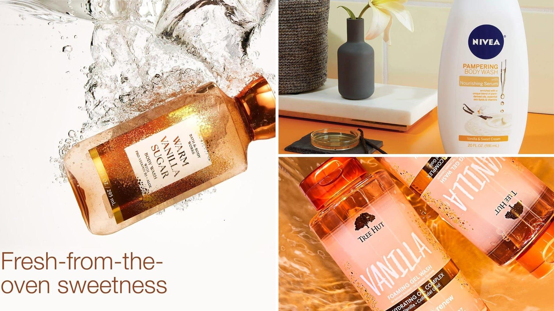 Vanilla body wash bottles from Bath and Body Works, NIVEA and Tree Hut