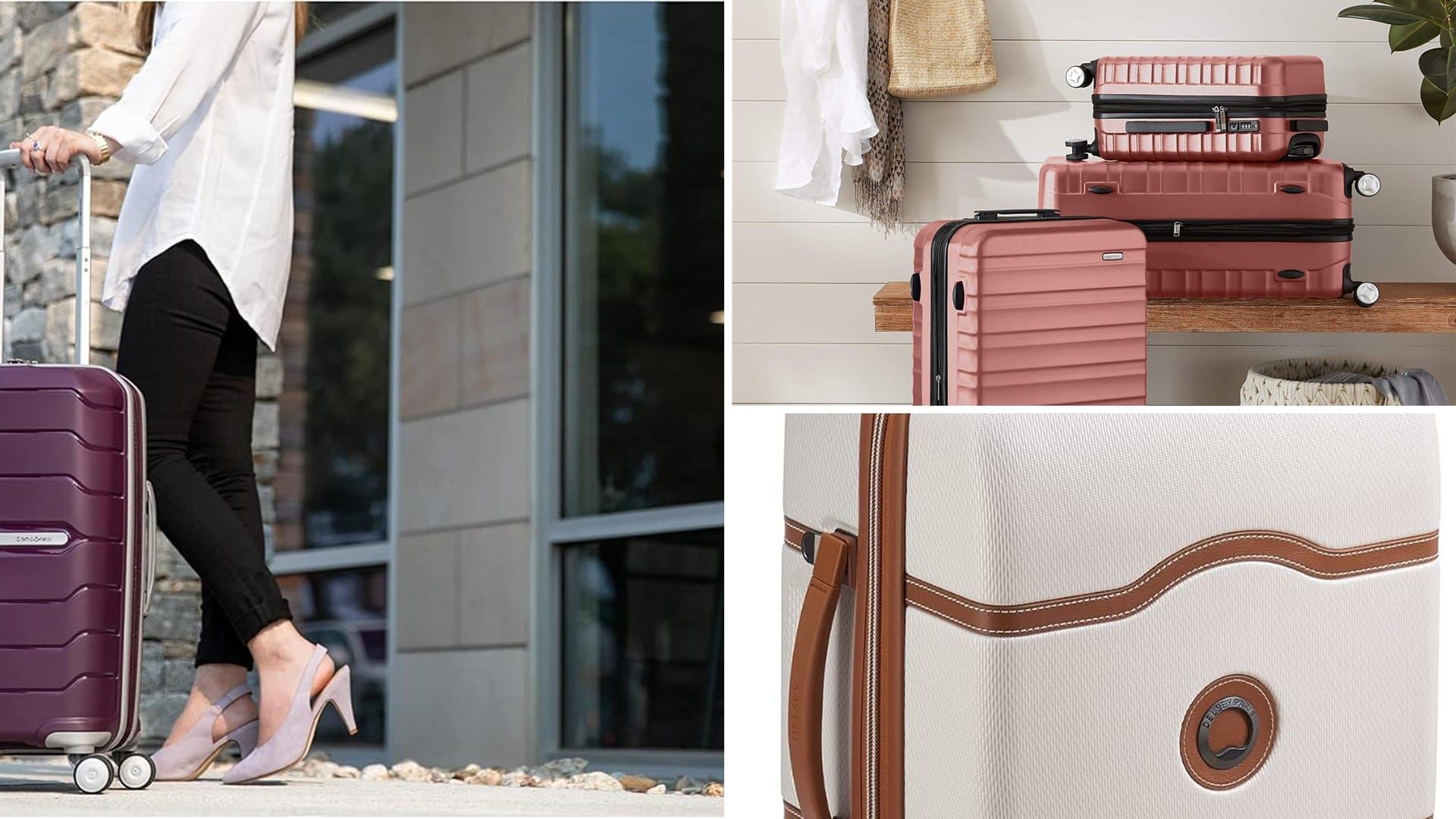 Hardside carry-on suitcases in purple, rose and ivory