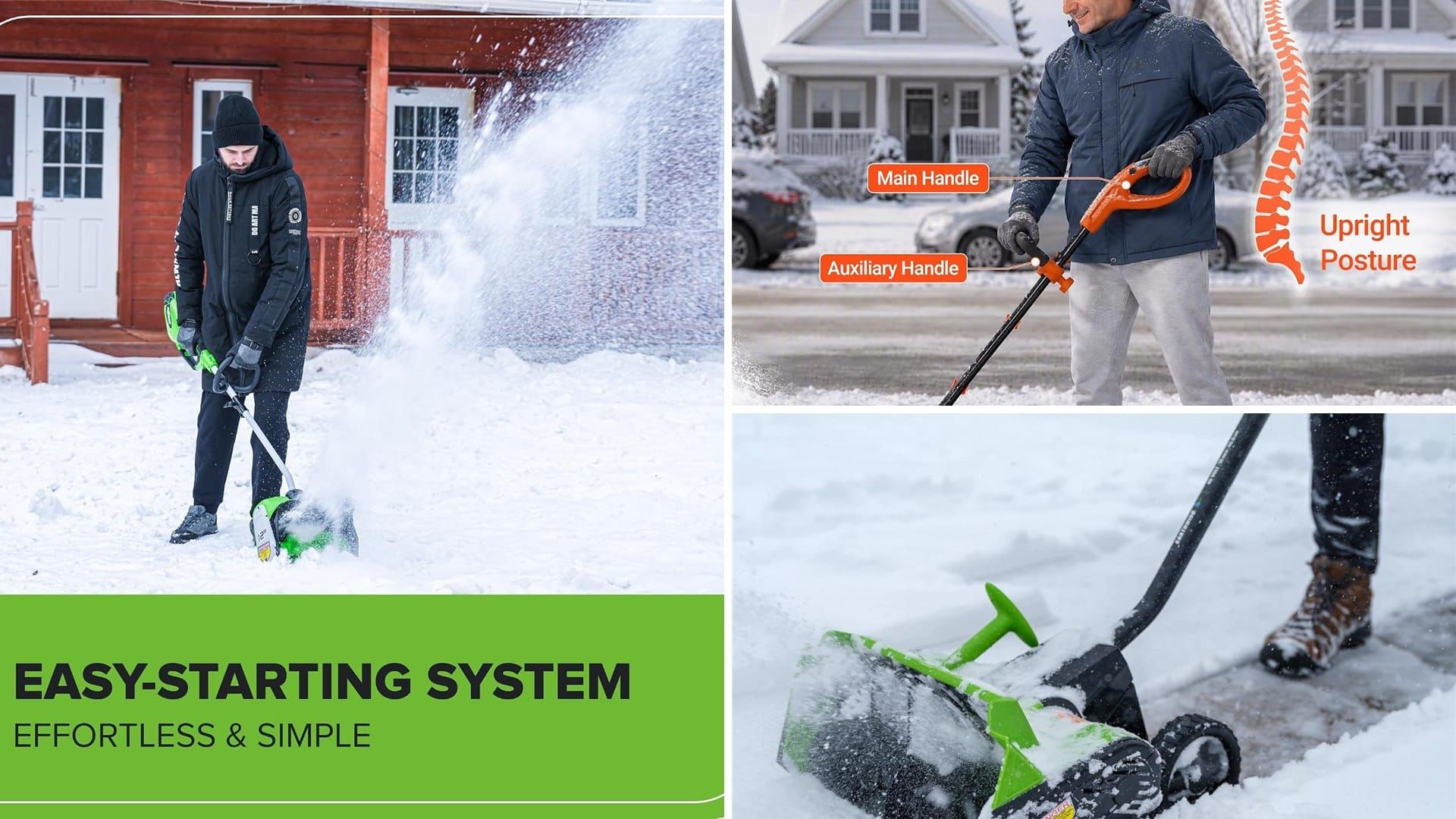 Man clearing snow with a cordless electric snow shovel