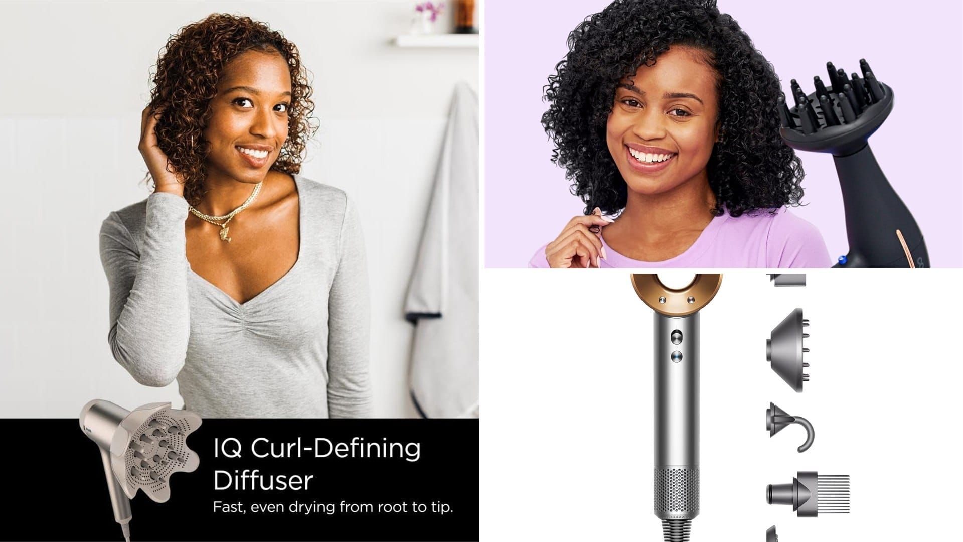 Curly-haired woman and diffuser hair dryers
