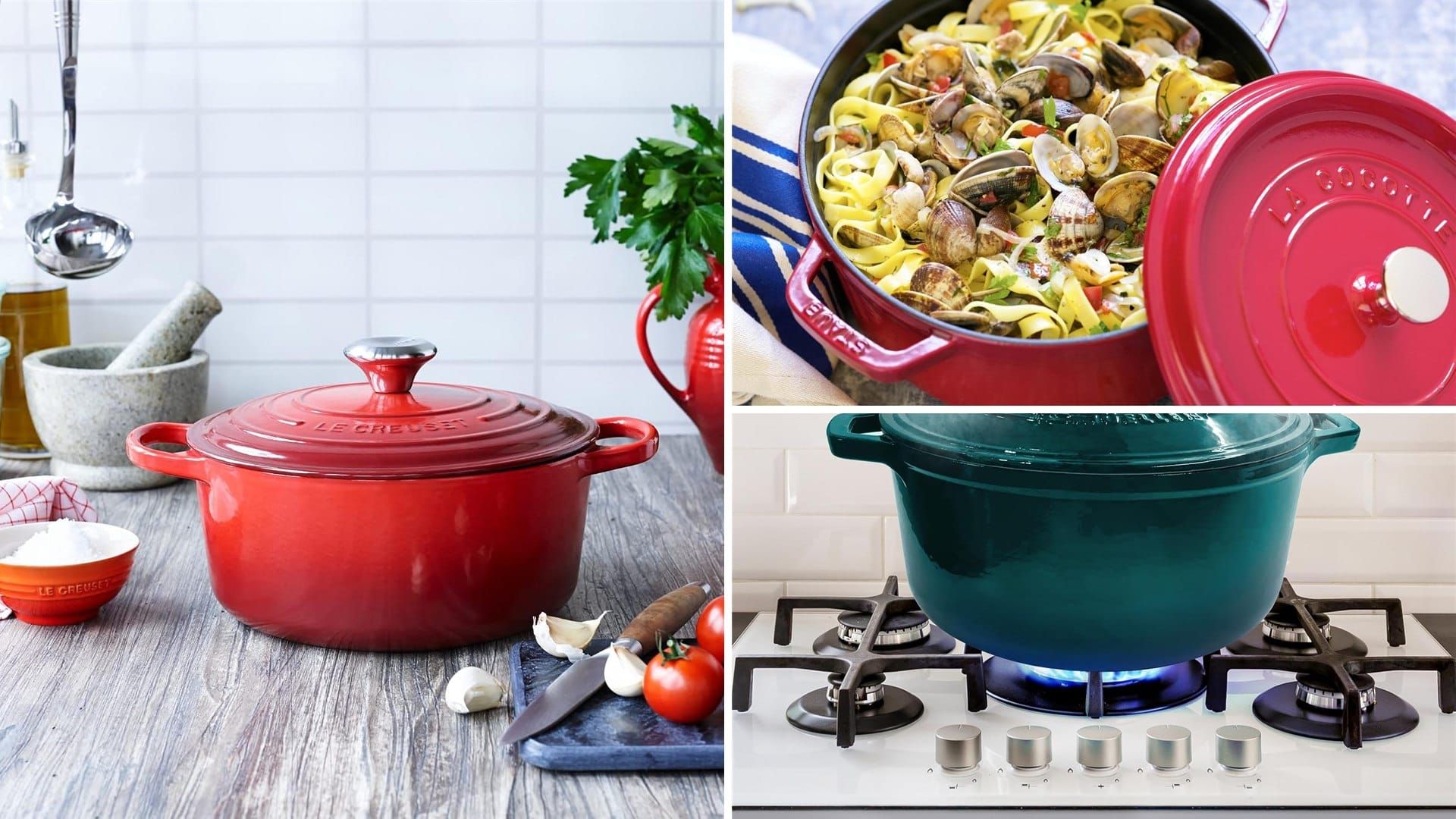 Red Le Creuset, Staub and teal Mueller Dutch ovens for bread baking