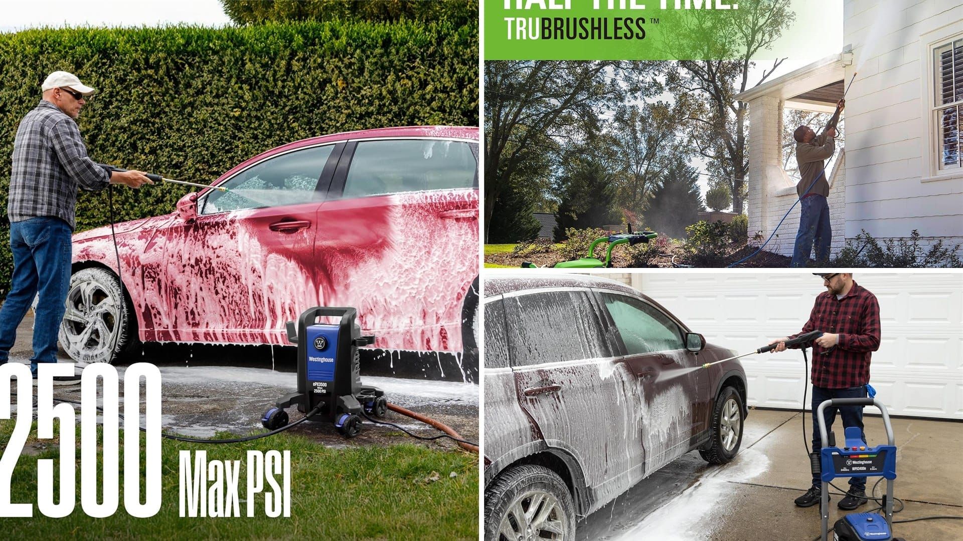 Electric pressure washers cleaning a car and a house