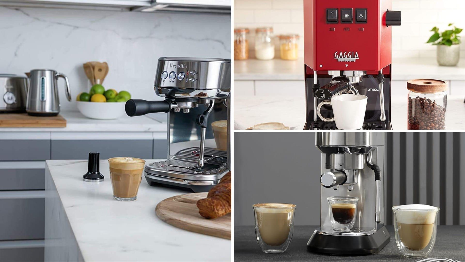Espresso machines on kitchen counters with fresh espresso and lattes