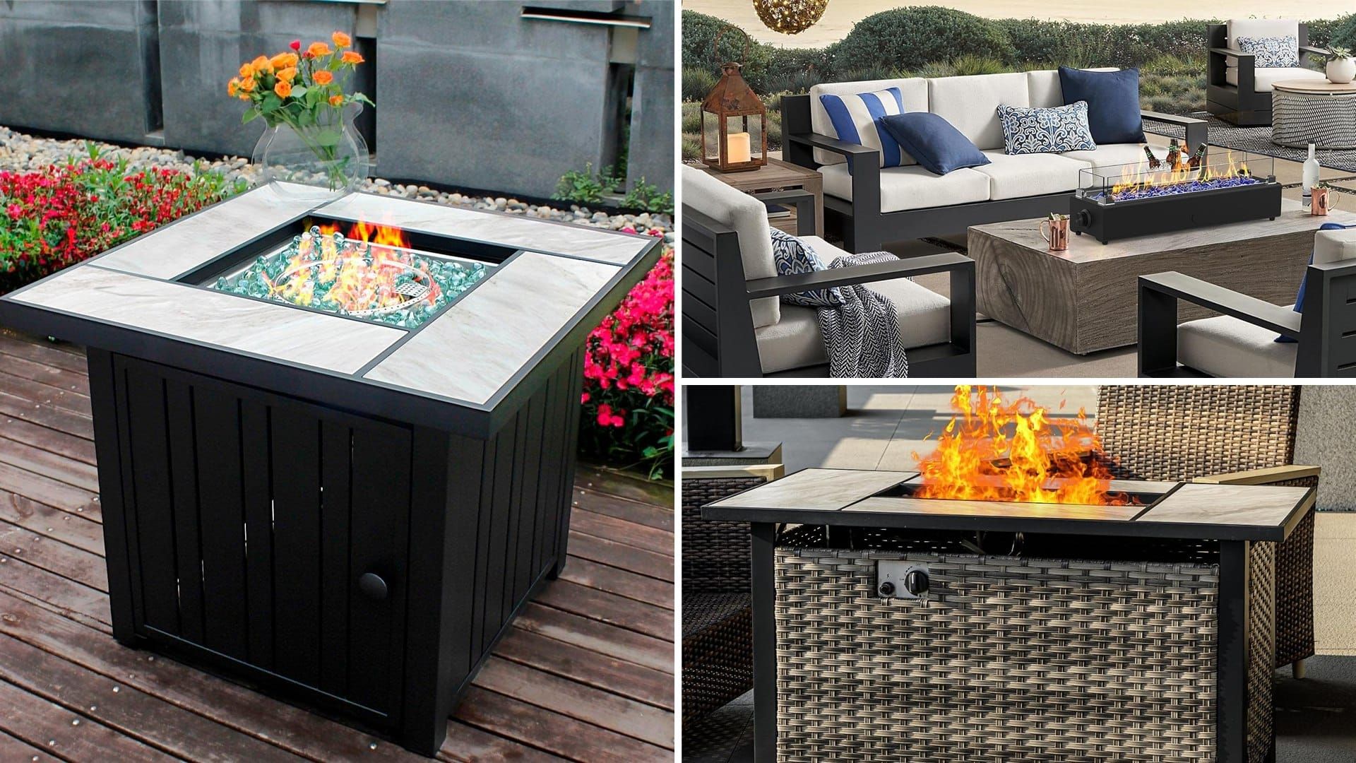 Propane fire pit table with ceramic top on a wooden deck