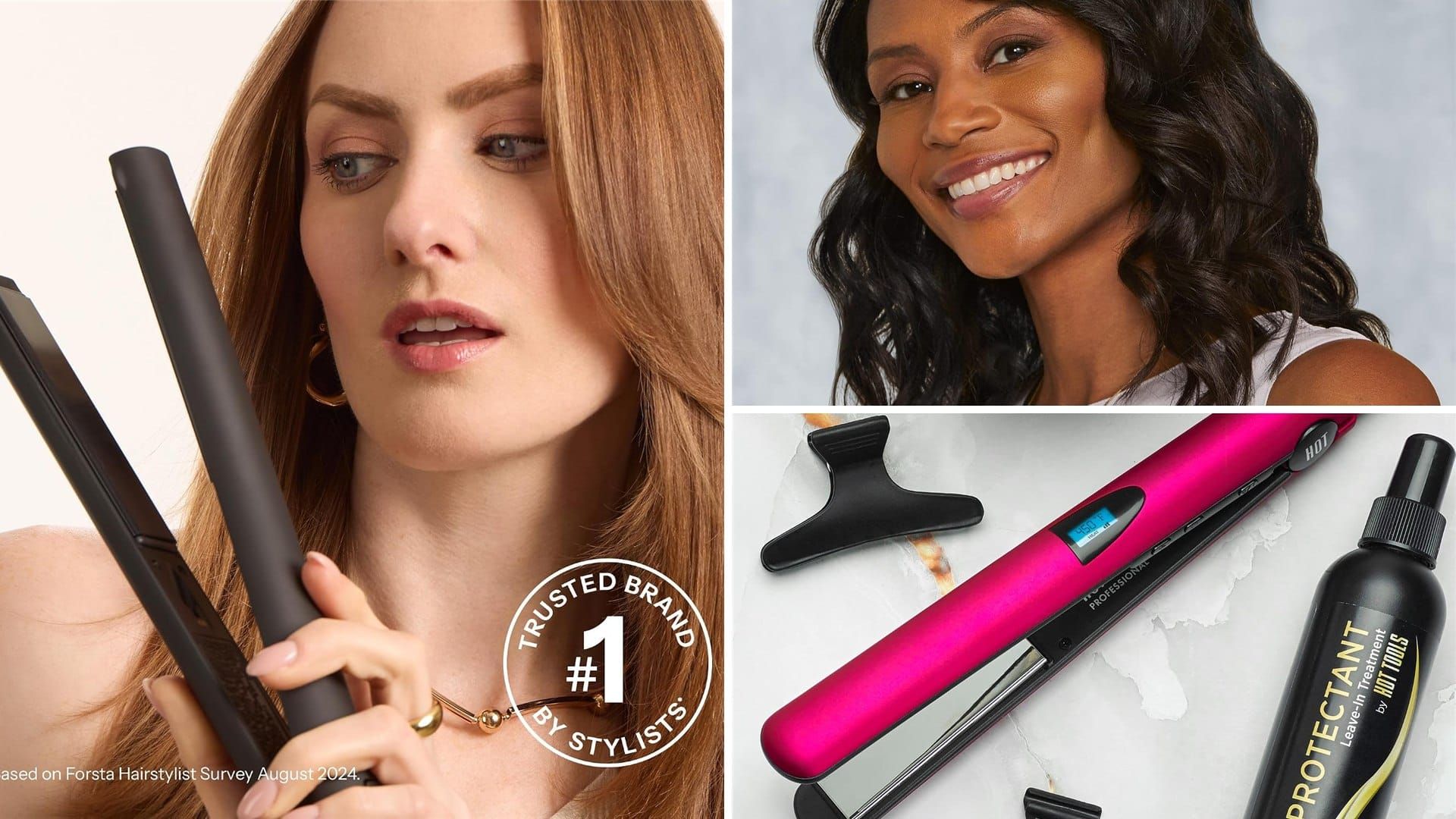 Woman holding a flat iron next to smooth styled hair and a pink flat iron