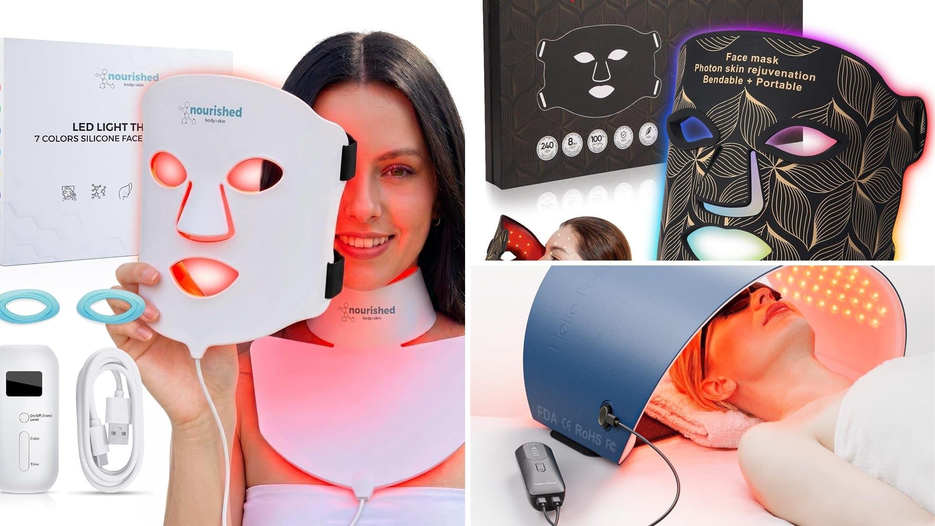 Five LED face masks for wrinkles including silicone and wrap-style red light devices