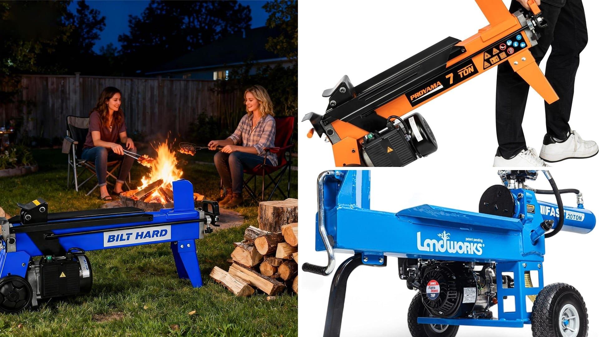 Electric and gas log splitters for firewood next to a backyard fire
