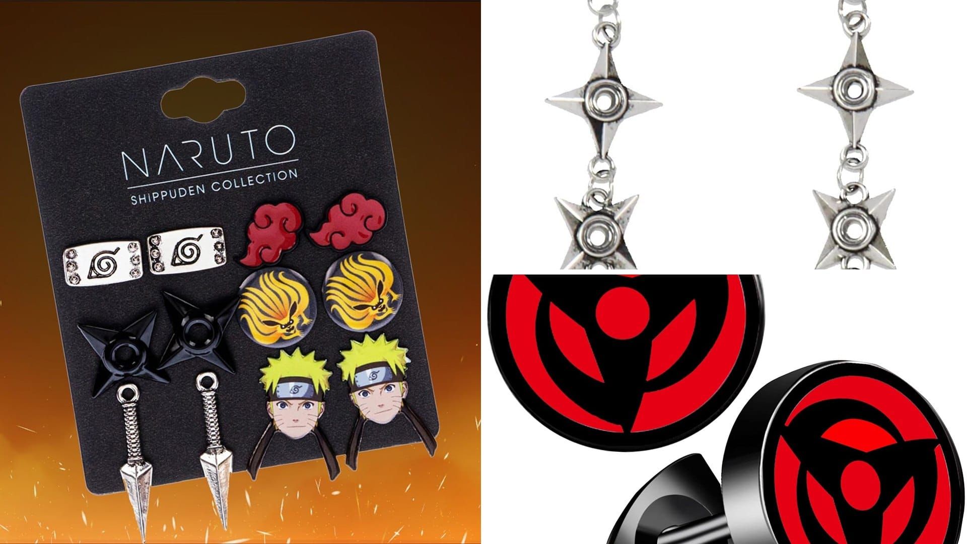 Naruto Shippuden stud and dangle earrings with Akatsuki and Sharingan designs