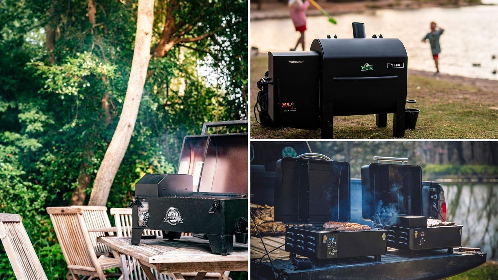 Portable pellet grills set up outdoors near a lake and a patio