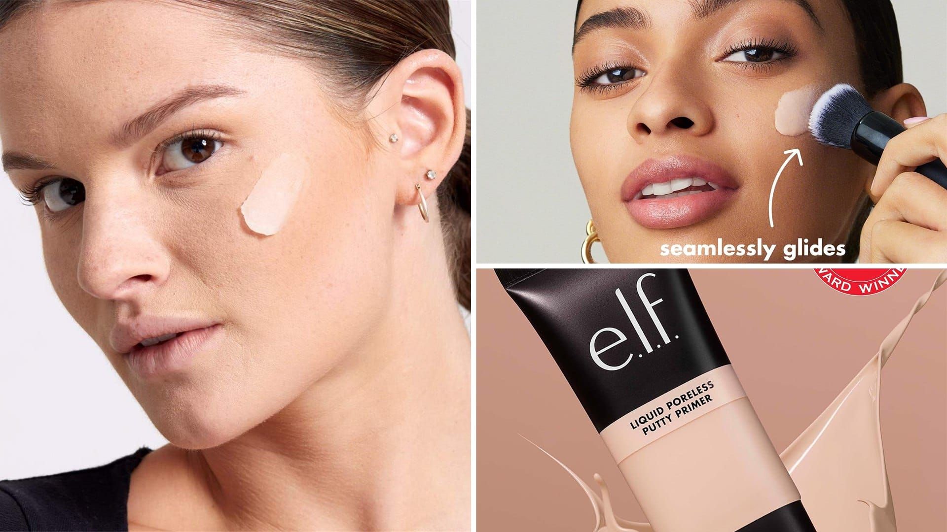 Primer for oily skin being blended on a cheek next to tubes of primer
