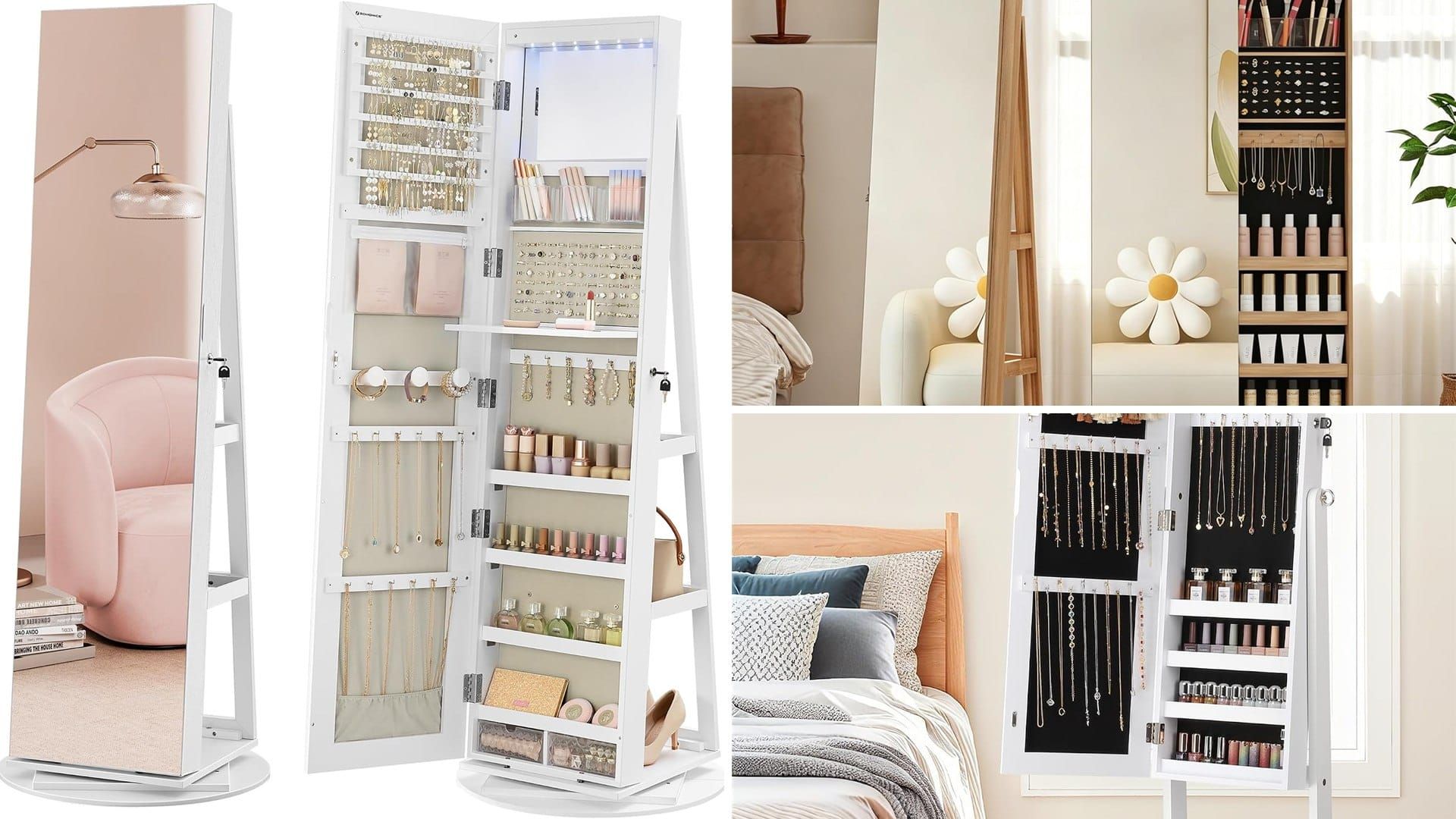 Standing jewelry armoires with full-length mirrors in bedrooms