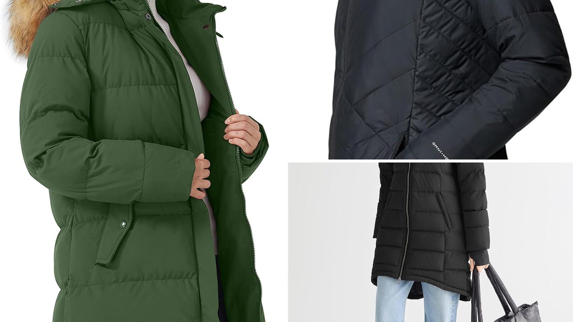 Women's long puffer coats in green and black