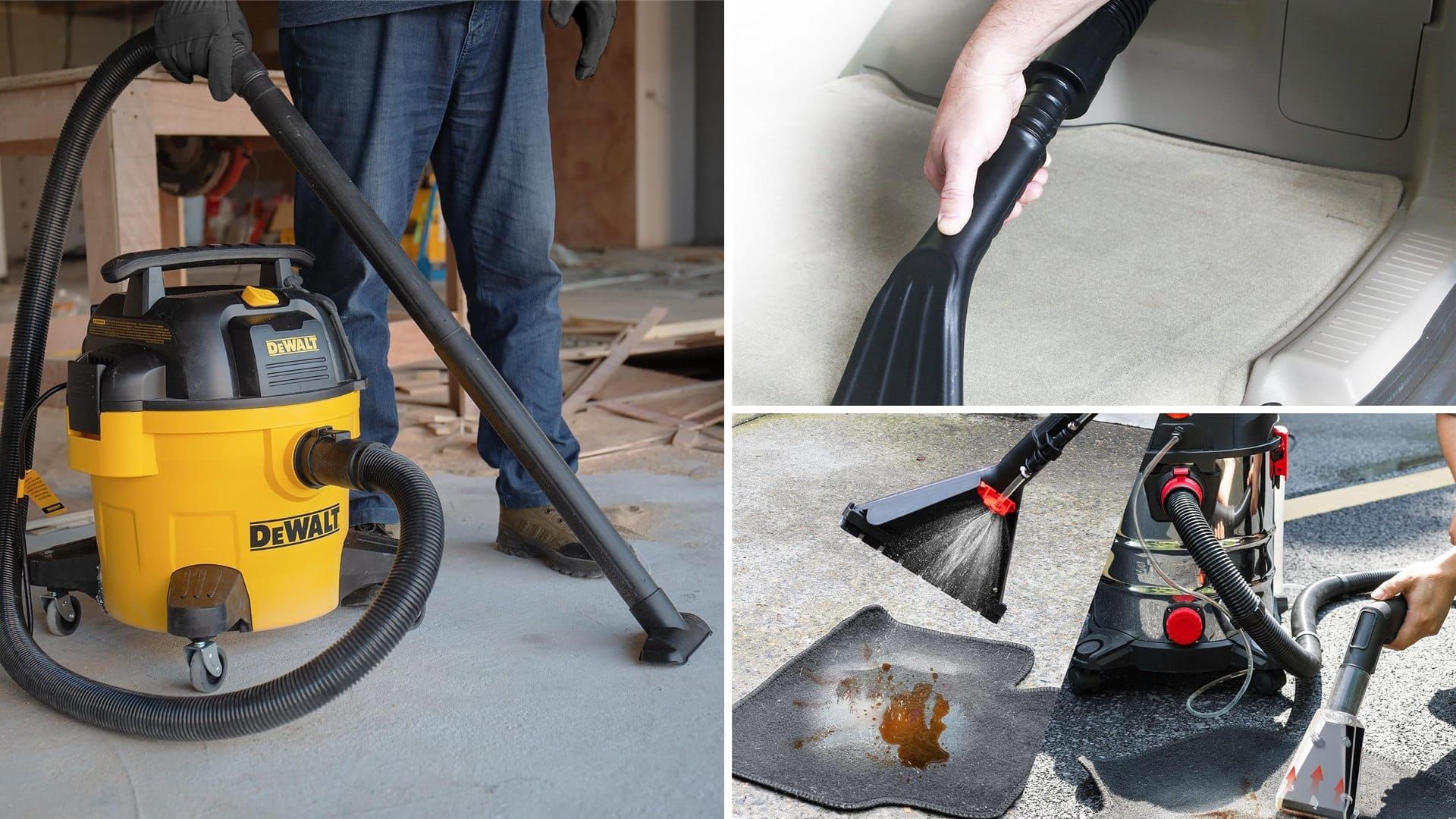 DEWALT wet dry vacuum and car detailing vacuum attachments in use