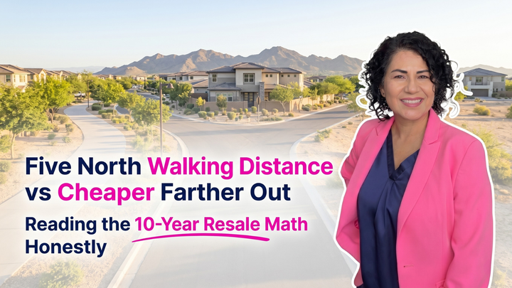 Kasandra of Chavez Dream Home Team analyzes the 10-year resale math of Five North walking distance versus cheaper homes farther out, featuring a modern North Peoria neighborhood split road.