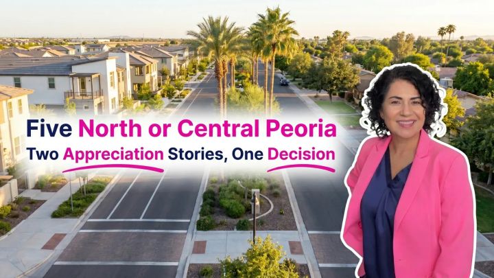 Kasandra of Chavez Dream Home Team compares home appreciation in Five North and Central Peoria, AZ, featuring a modern split-screen suburban neighborhood street with tall palm trees.