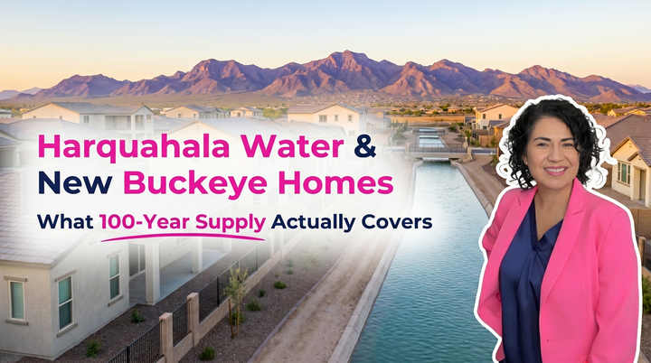 Kasandra of Chavez Dream Home Team explains Harquahala water and Buckeye new home 100-year supply, featuring a residential canal and mountain landscape in a Buckeye, Arizona community.