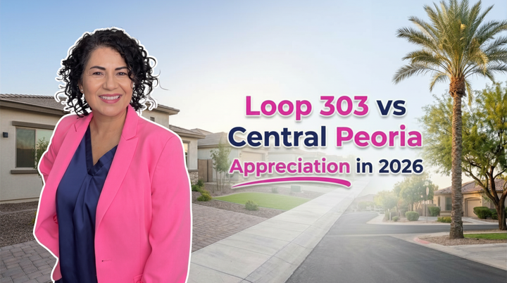Kasandra of Chavez Dream Home Team compares home appreciation between Loop 303 and Central Peoria in 2026, featuring a lush suburban street with palm trees in Peoria, Arizona.