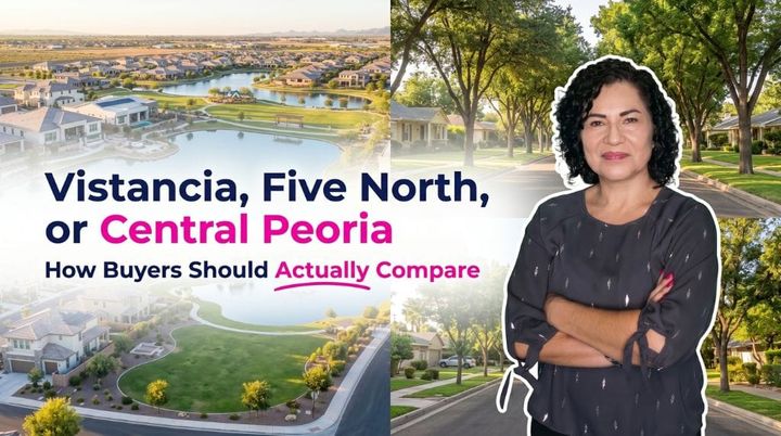 Kasandra of Chavez Dream Home Team compares Vistancia, Five North, and Central Peoria neighborhoods, featuring aerial views of lakeside Arizona homes and lush green suburban streets.