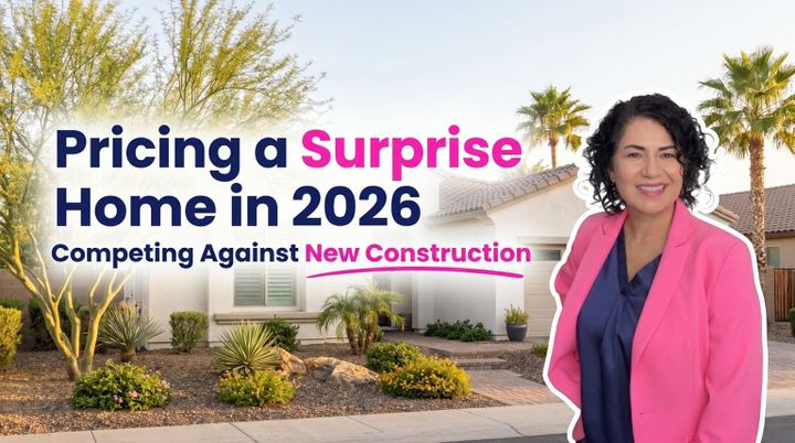 Kasandra of Chavez Dream Home Team explains pricing a Surprise home when competing against new construction, featuring a modern Arizona house with desert landscaping and palm trees.