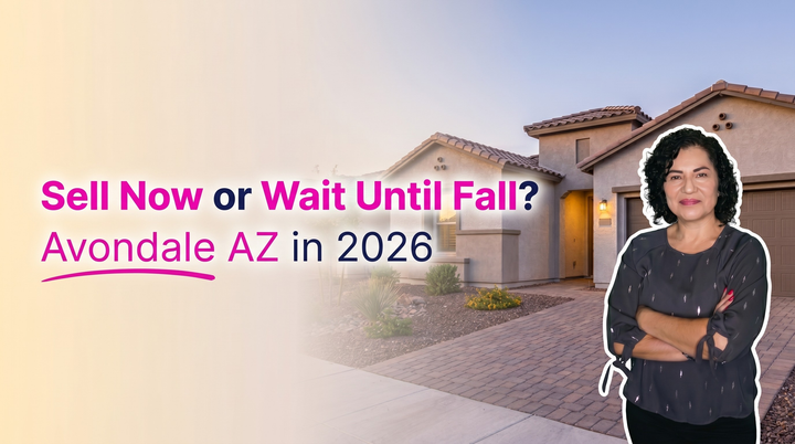 Kasandra of Chavez Dream Home Team advises on whether to sell now or wait until Fall 2026 in Avondale, AZ, featuring a beautiful modern home with a paved driveway at dusk.