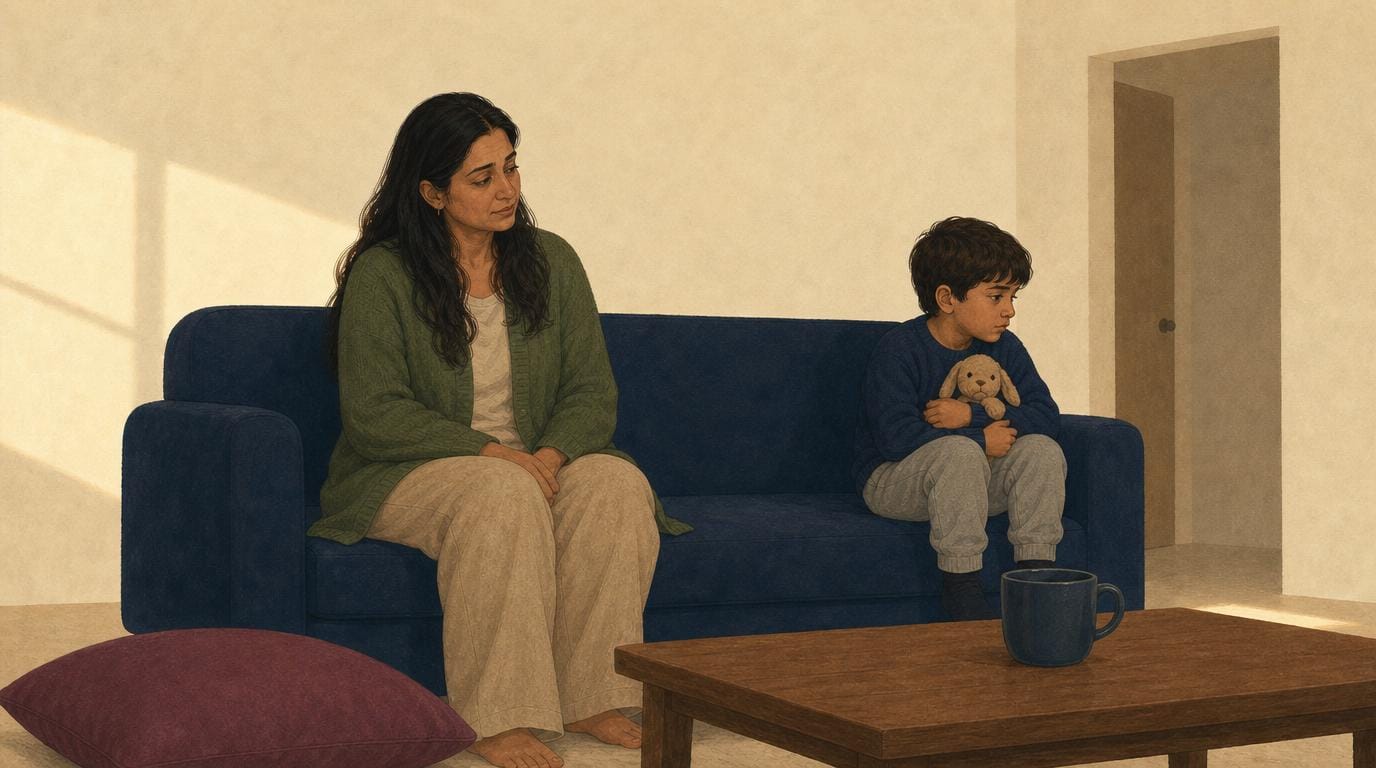 A mother and her young son sit at opposite ends of the sofa after a hard moment, a quiet distance between them.