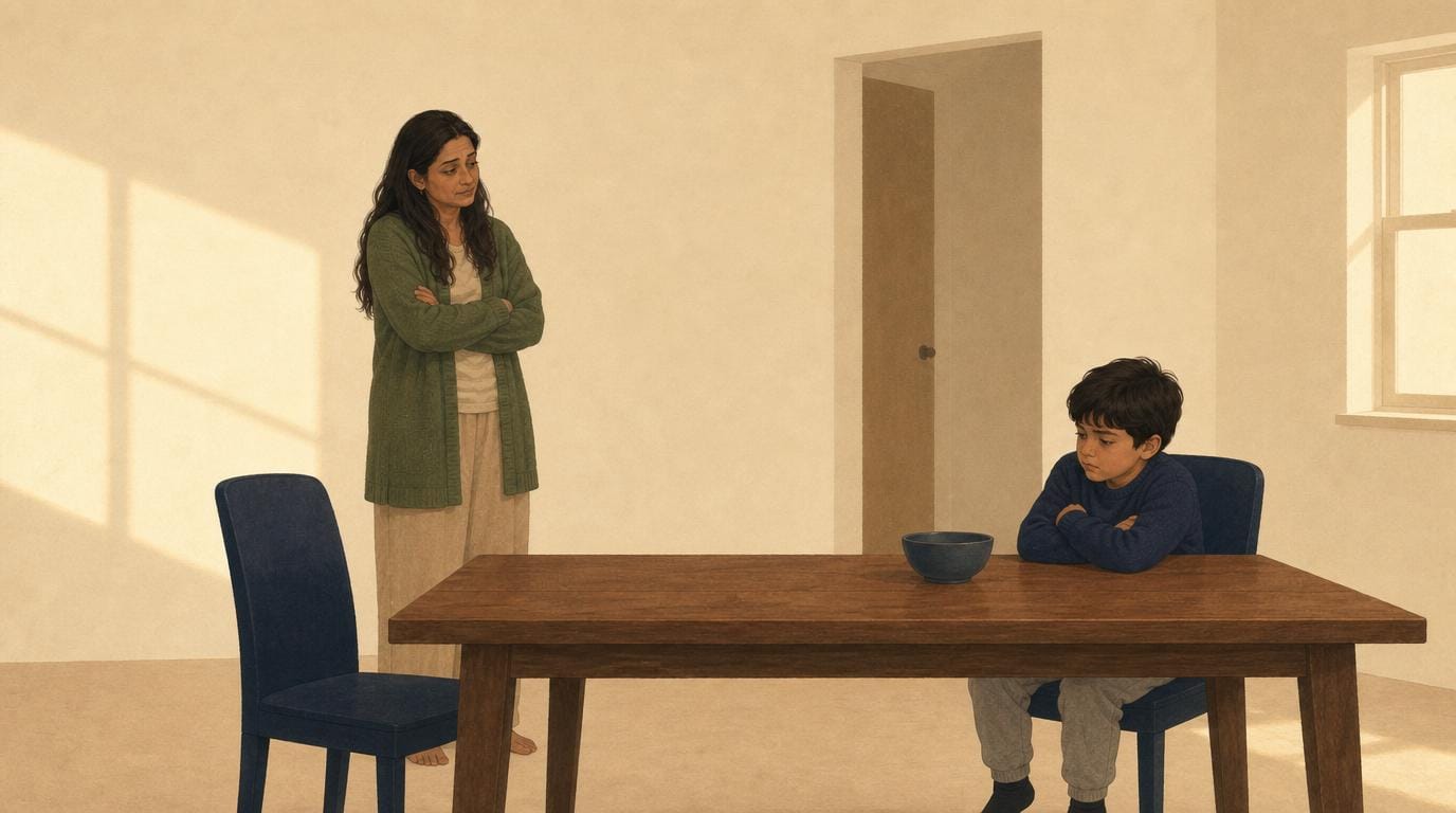 A boy sits withdrawn at the kitchen table, his bowl pushed away, while his tired mother stands apart, the “he’s being impossible” read rising.