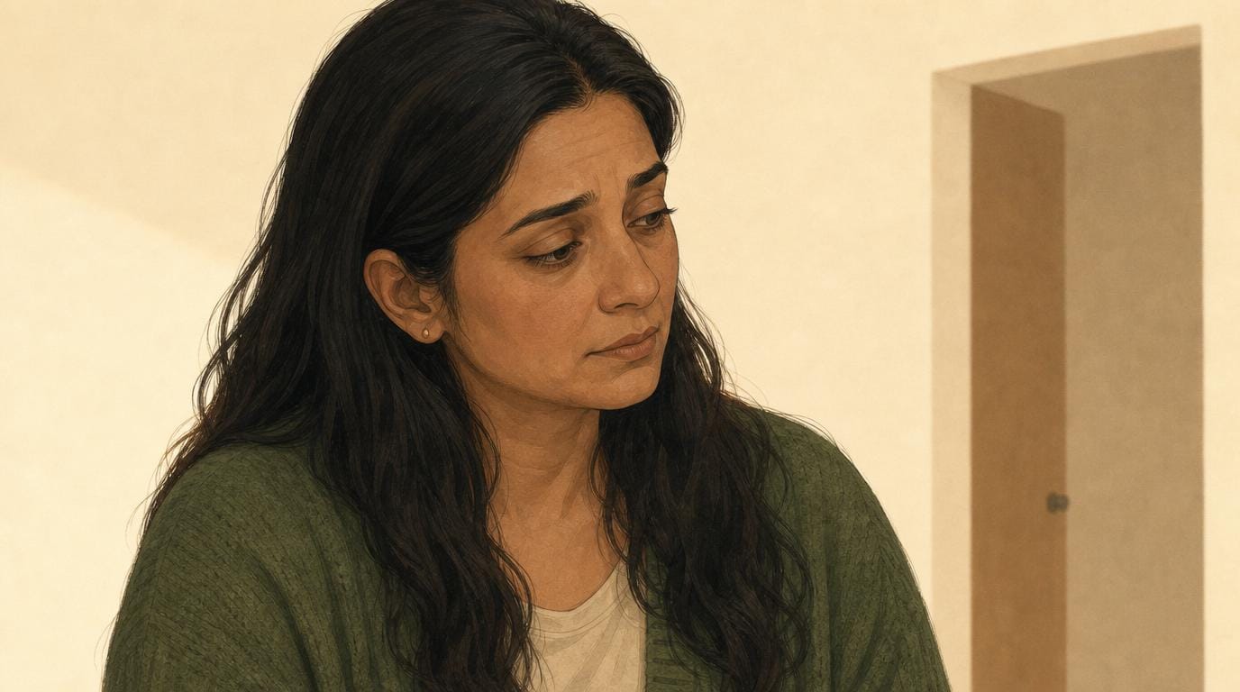 A close portrait of a weary mother, brow drawn, looking away as she reads the worst into the moment.
