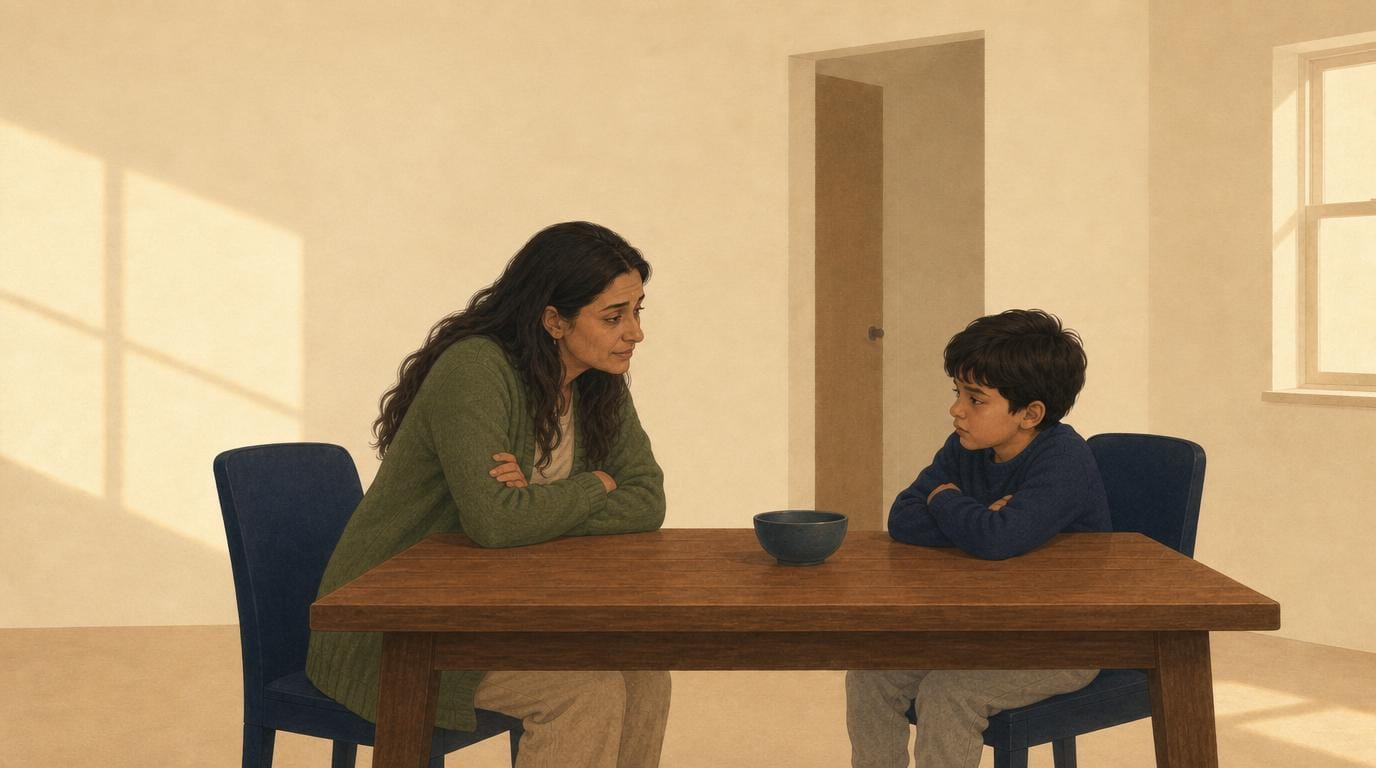 A mother sits across the kitchen table leaning toward her son, trying to understand what’s going on for him.