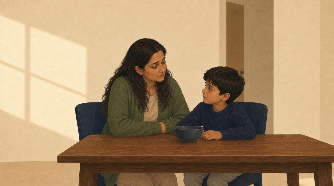 A mother sits close beside her son at the table; he turns toward her, his guard easing.
