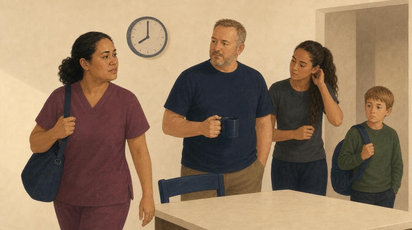 A mother in nursing scrubs heads out the door at 8am while her partner holds a mug and two children get ready for school.