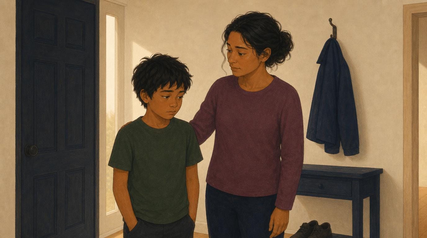 A mother stands close beside her worried young son in the front hallway, her hand on his shoulder, both near the door.