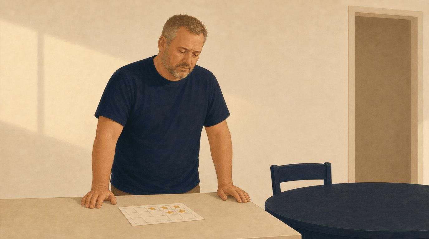 A father stands at the kitchen bench looking down at an abandoned star reward chart, deflated — the advice that worked for everyone but him.