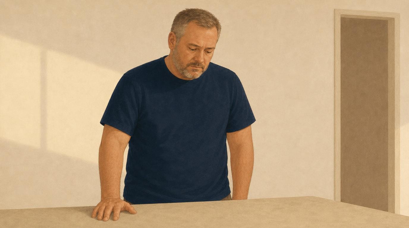 A close view of a weary father at the kitchen bench at the end of the day, spent.
