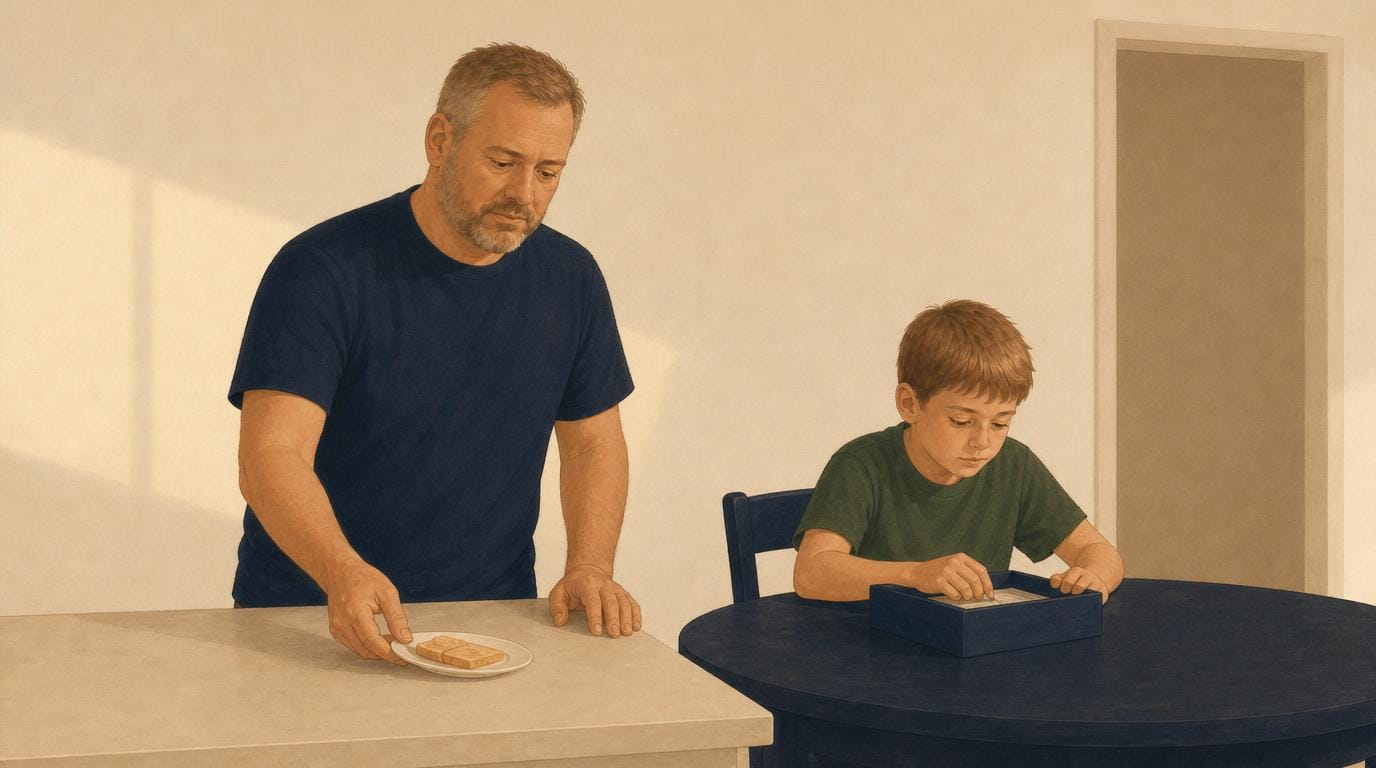 A father sets a snack on the bench while his son settles at the table with a homework box — the set-up doing the work.