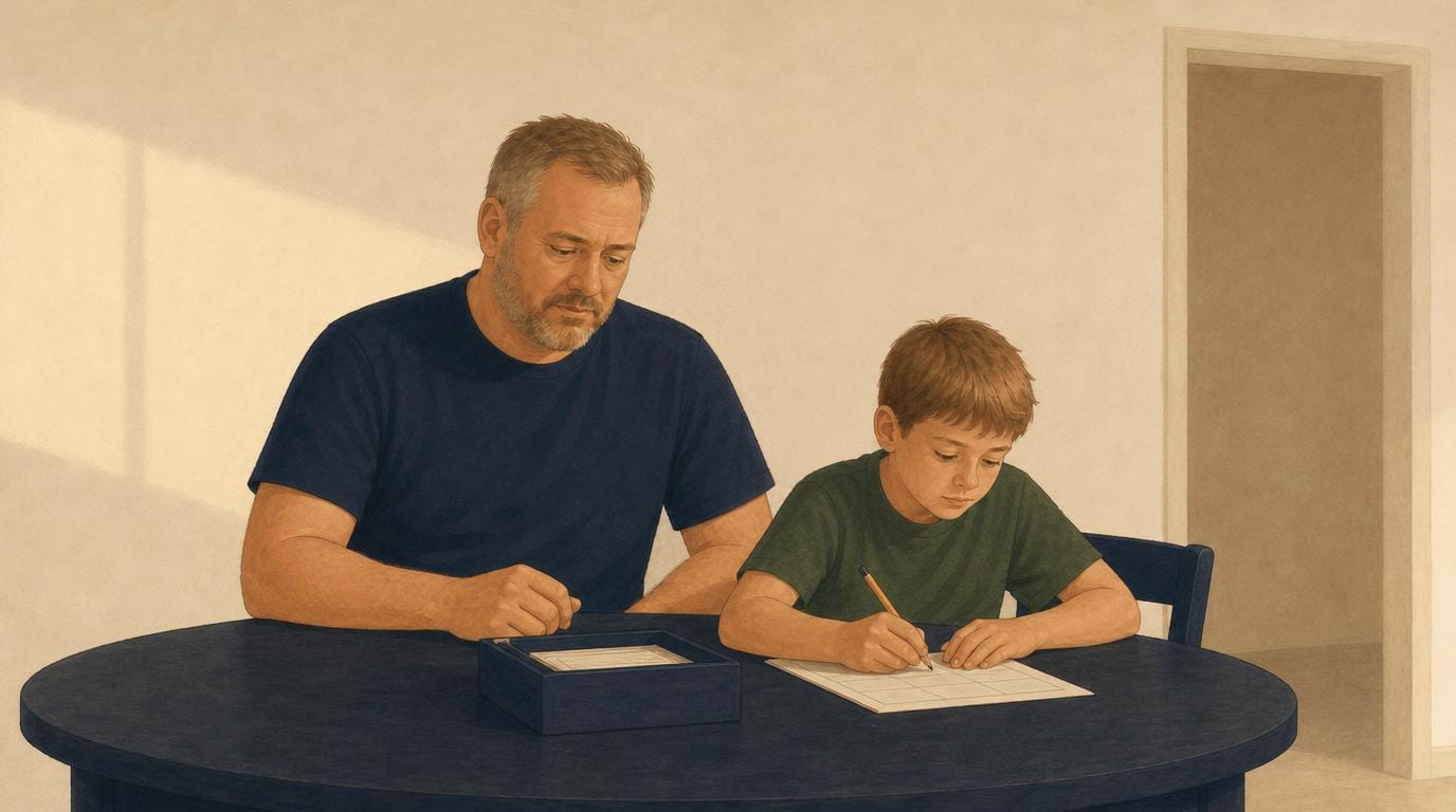 A father sits with his son at the table, steadier and quietly confident as a small refit works.