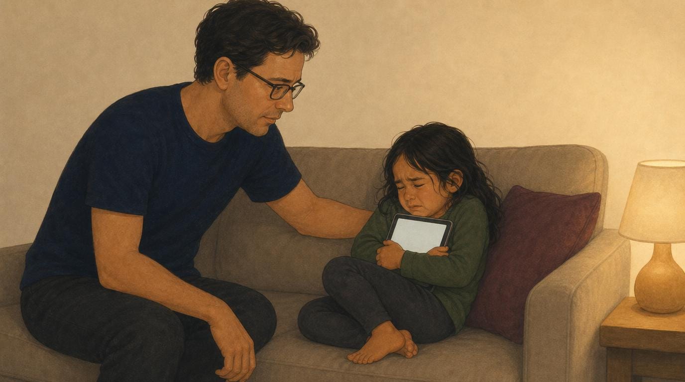 A young girl clutches a tablet to herself and digs in as her father gently says it’s time to stop; he stays close and steady.