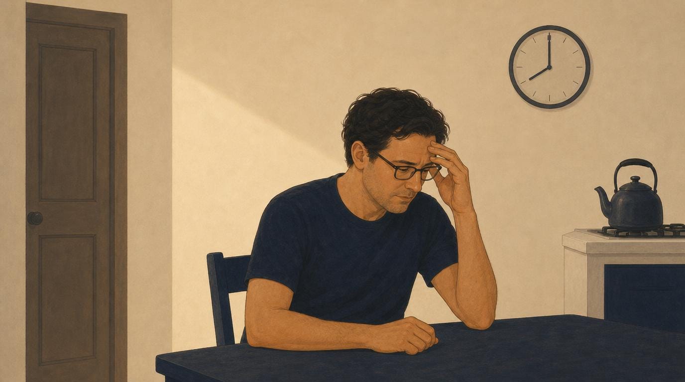 A father sits alone at the kitchen table late at night, the house quiet, replaying the day.