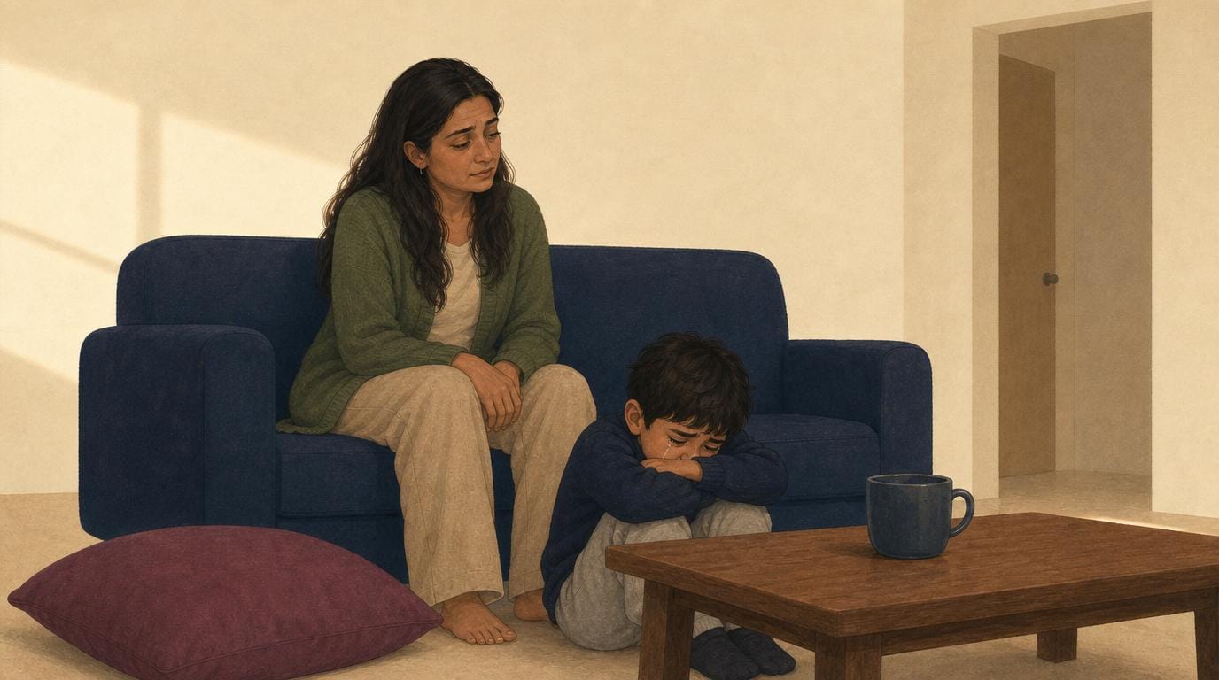 A boy sits on the floor overwhelmed in a big feeling while his mother sits nearby on the sofa, depleted and running on empty.