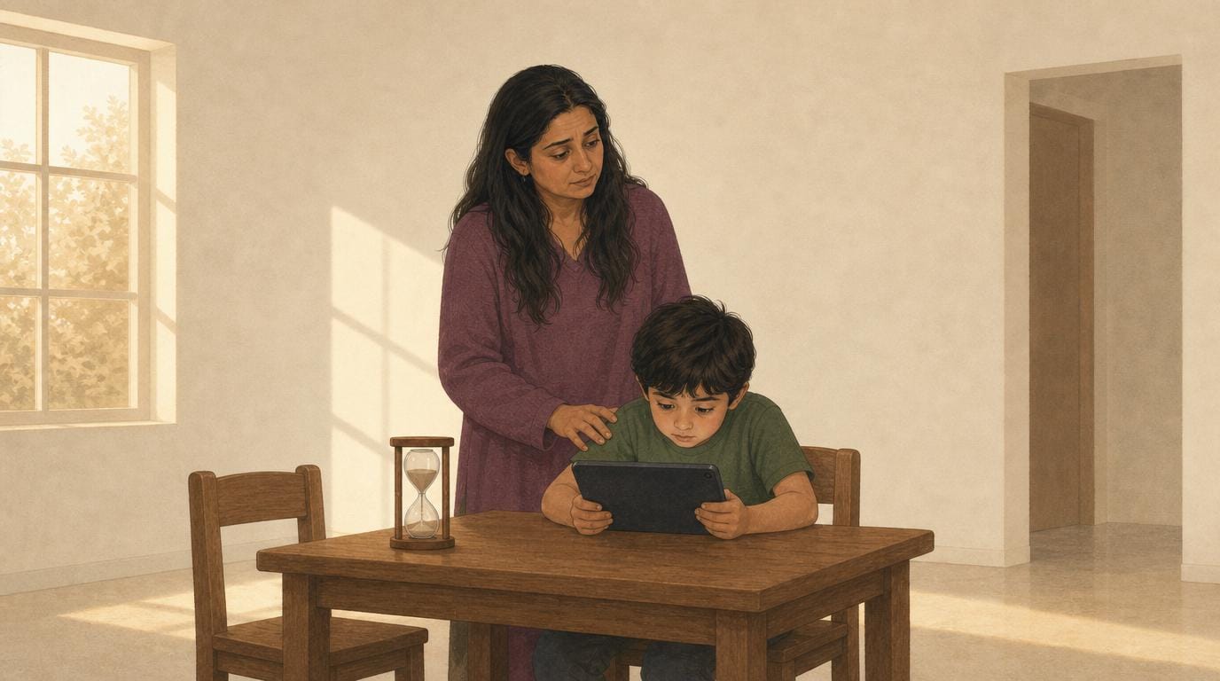 A boy is so absorbed in a tablet at the table that the afternoon has slipped away; his mother pauses behind him, noticing the time.