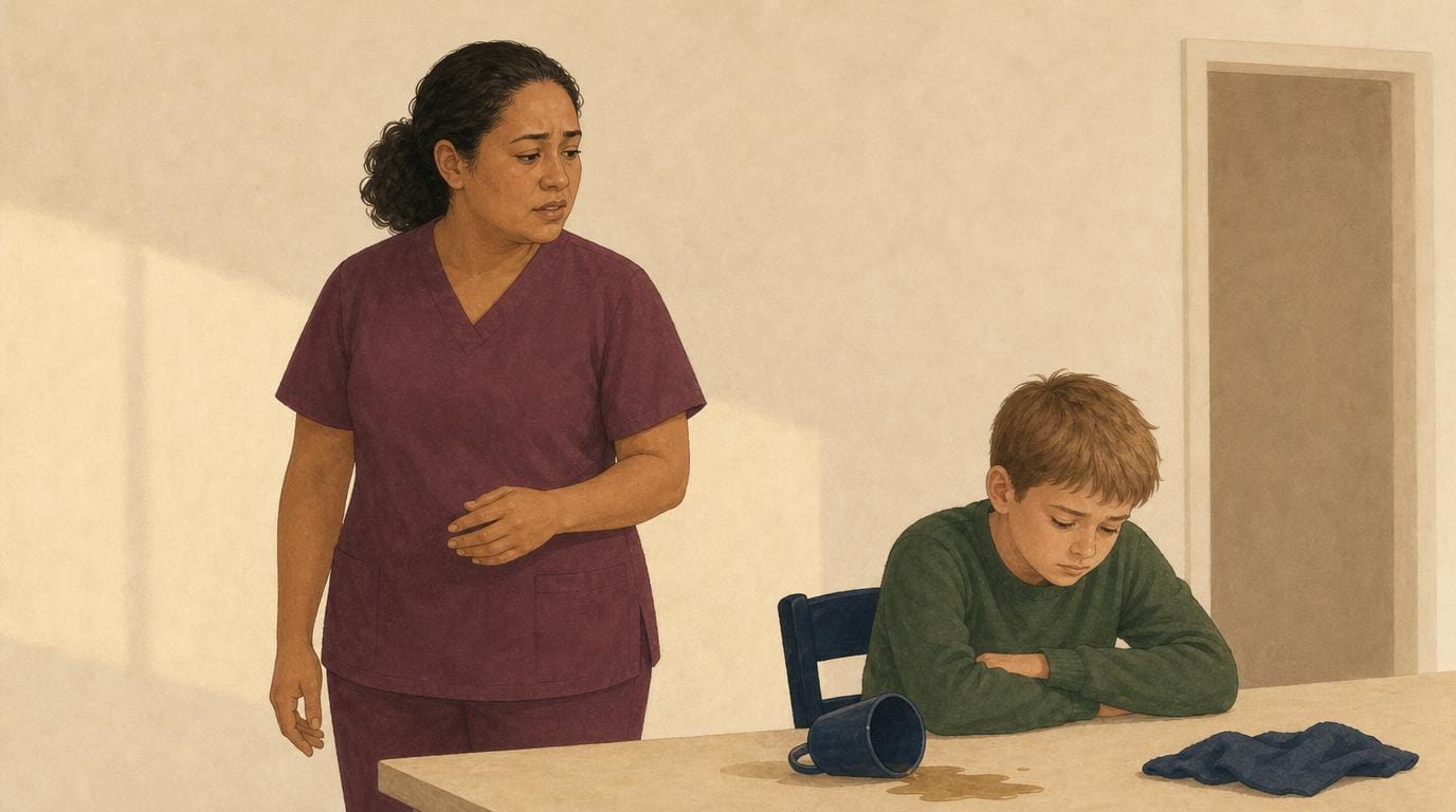 A mother stands by the table just after a sharp word, catching herself, as her young son sits subdued by a spilled cup.