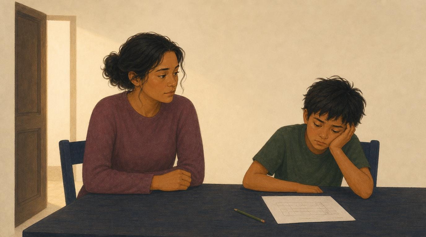 A boy slumps at the dining table avoiding his homework while his mother sits patiently beside him.