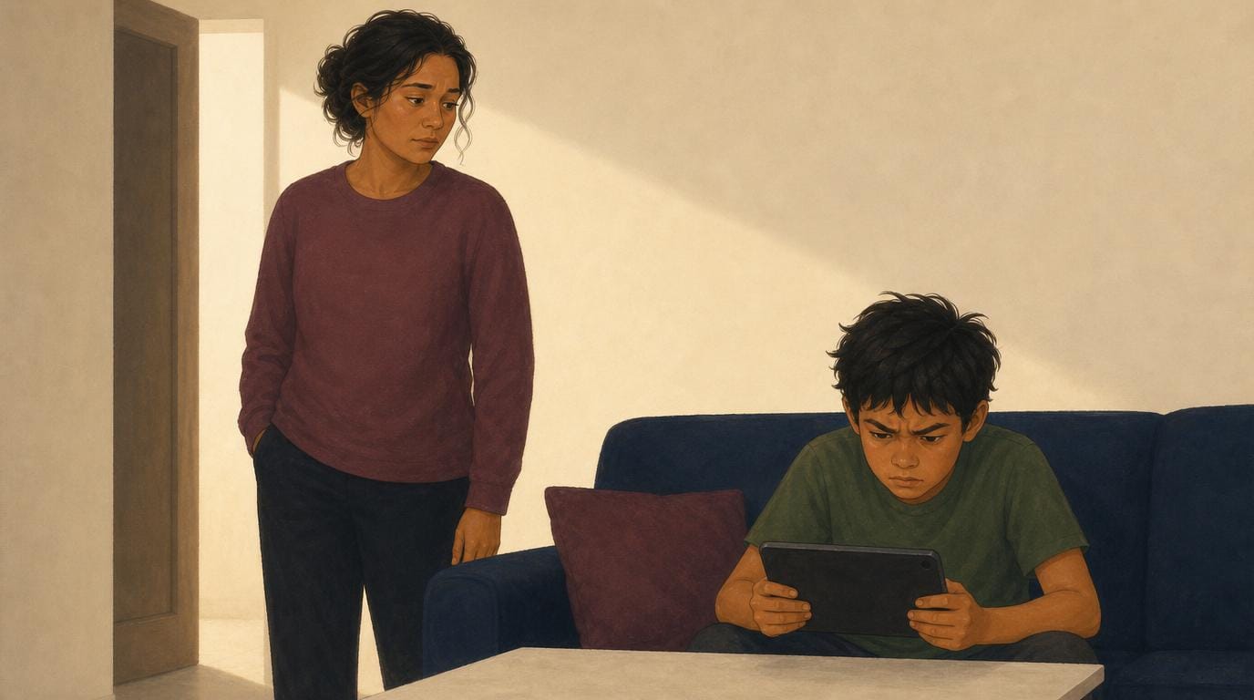 A mother watches her son’s frustration build over a tablet on the sofa, her own face tightening as she senses the moment coming.