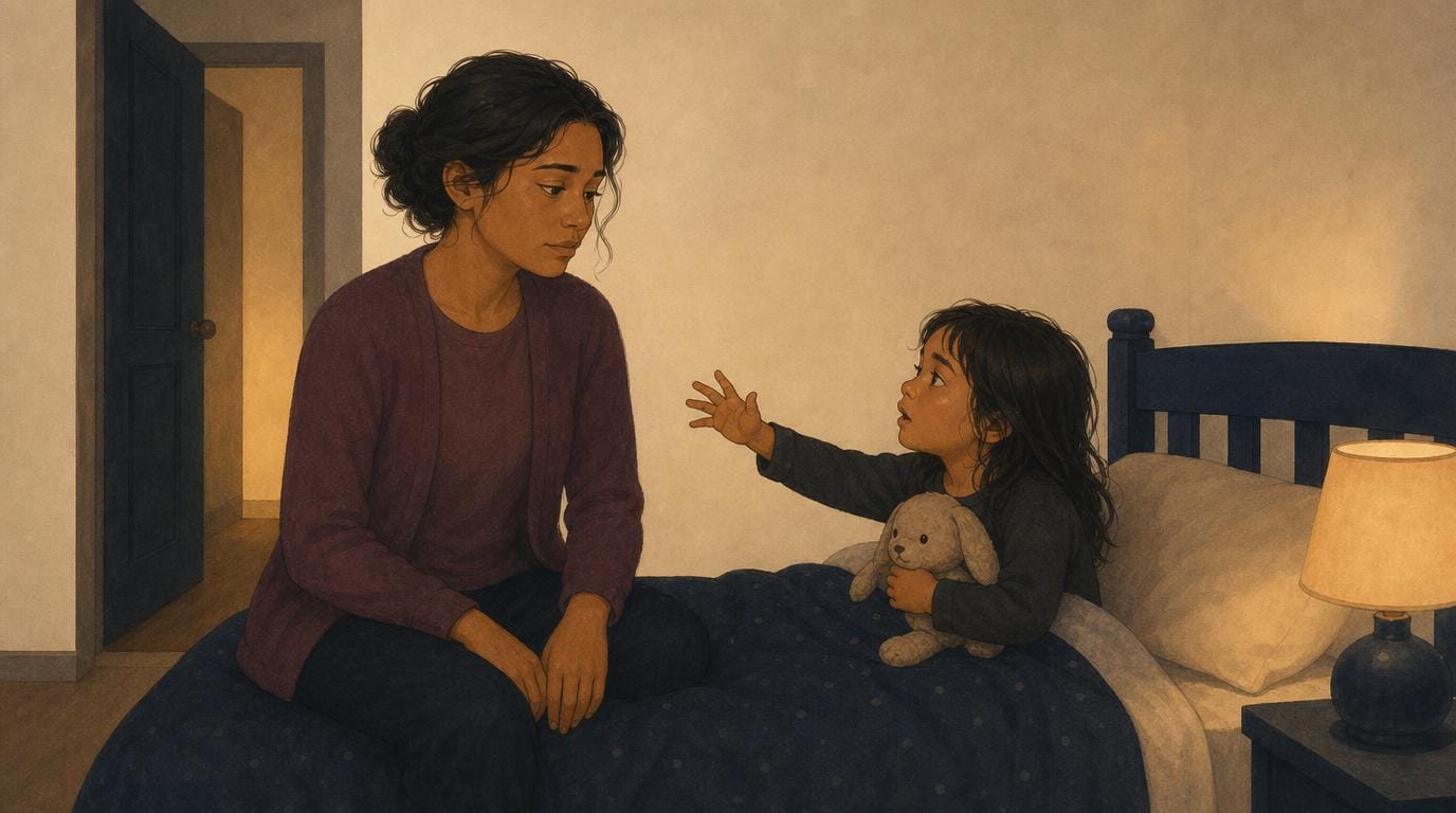 A mother sits wearily on the edge of a lamp-lit bed while her young daughter, wide awake, sits up clutching a soft toy.