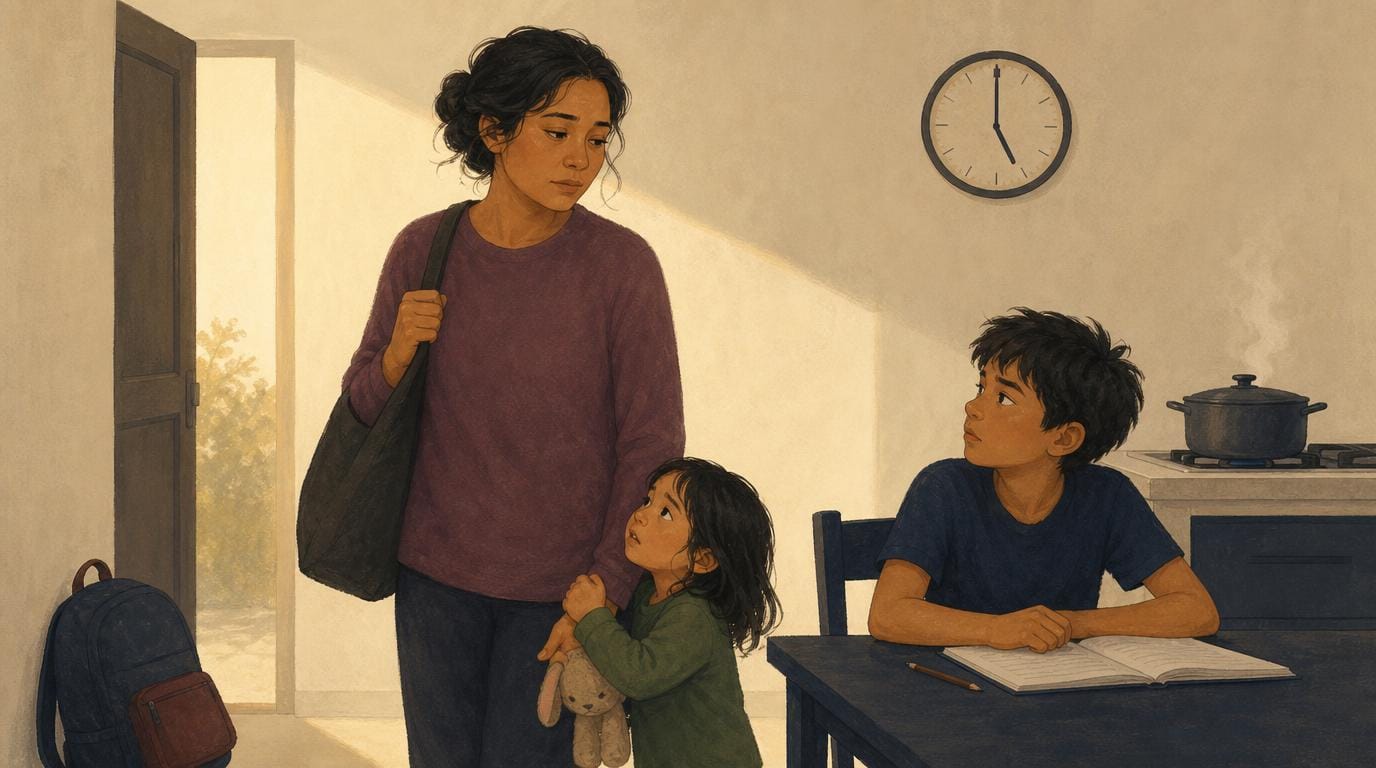 A tired parent arrives home at five o’clock; a small child reaches up and an older child looks up from the table.