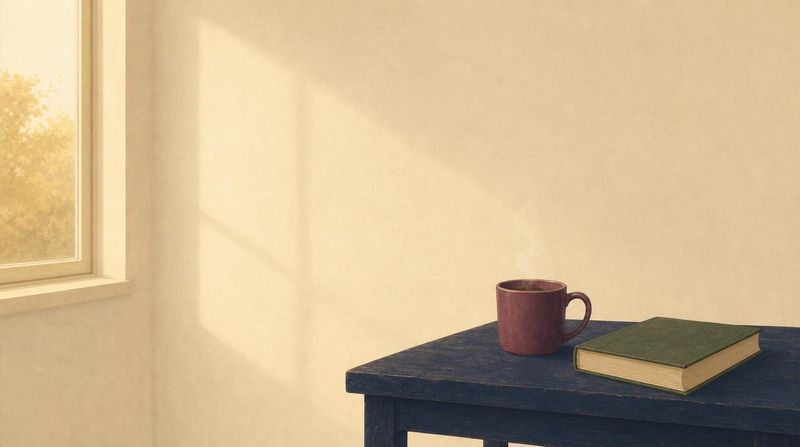 A quiet kitchen at evening — a navy table, a steaming plum mug and a green hardback book by a sunlit window.