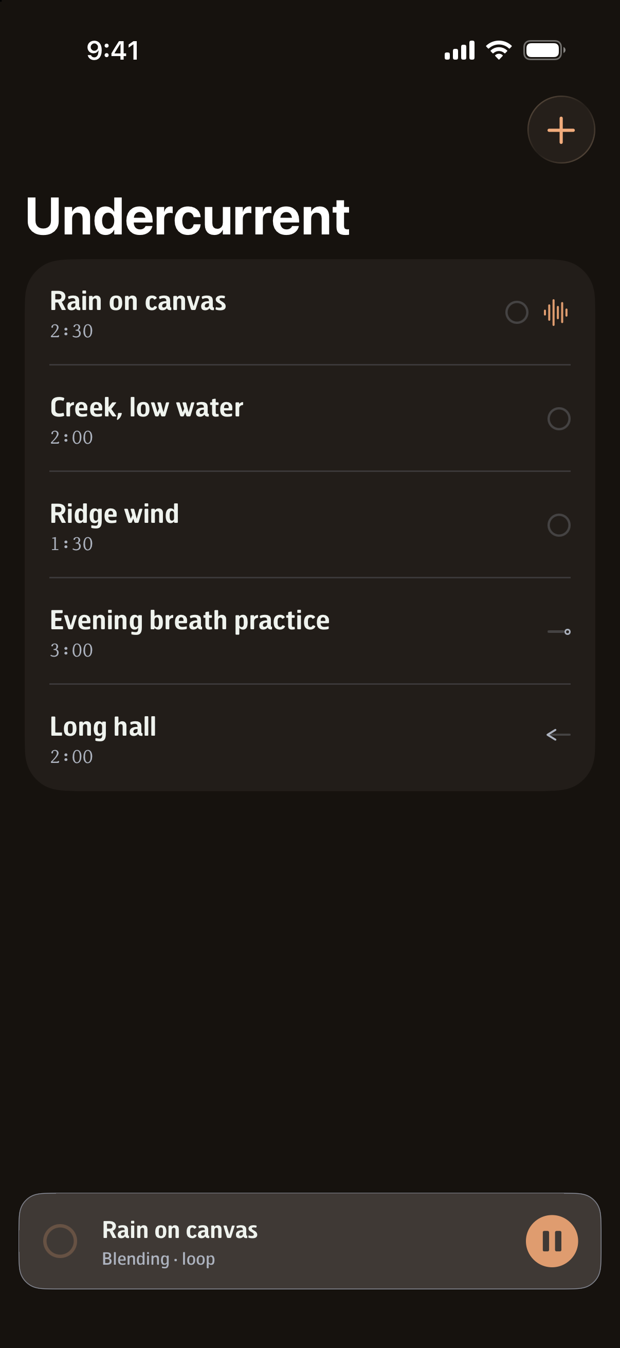 Undercurrent's library: five audio files with their play-mode indicators, one playing.
