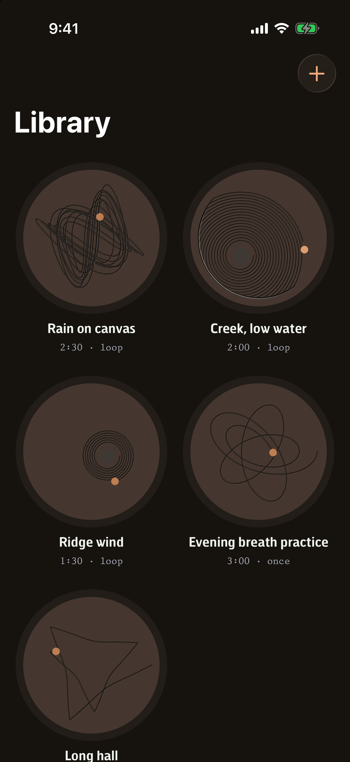 Undercurrent's library: five sand plates, each holding its track's last drawing, one playing.