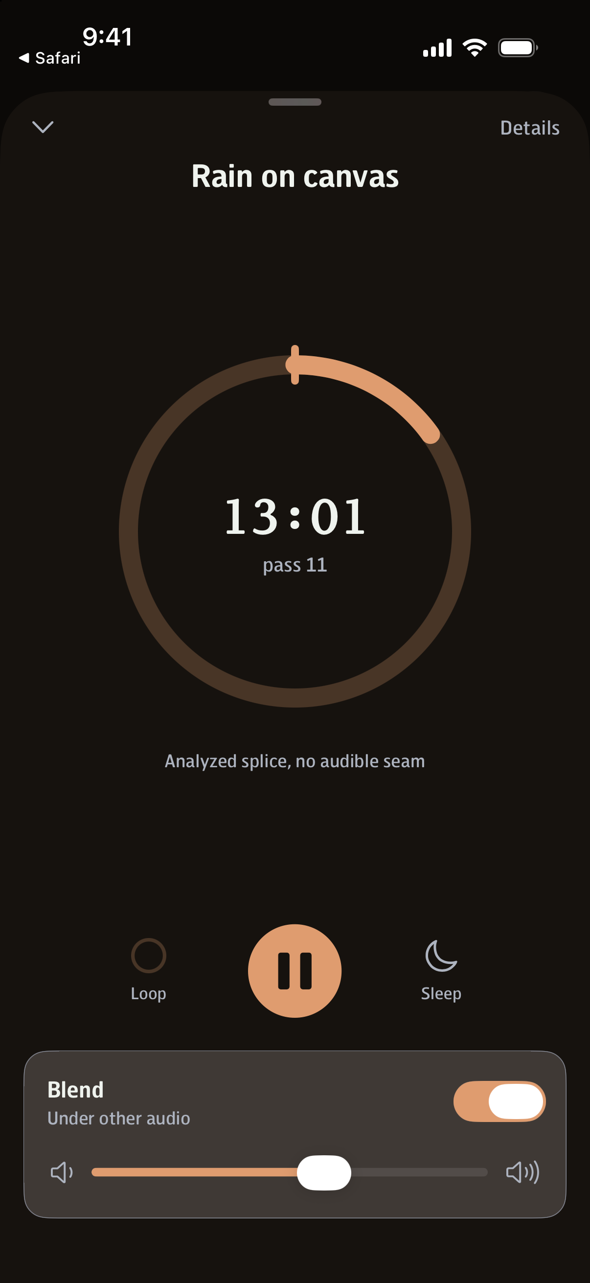 Undercurrent's Now Playing screen, mid-session, with the loop indicator turning.