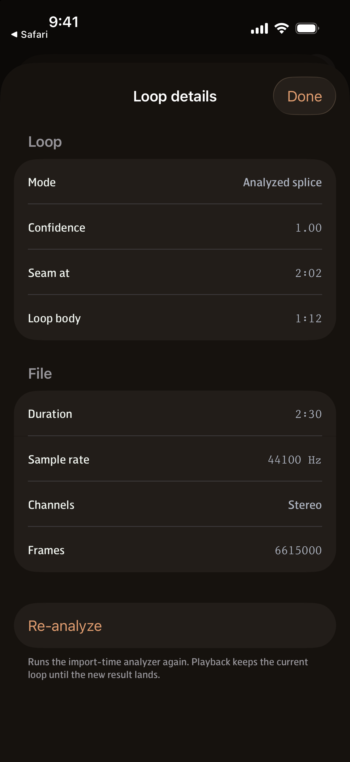 The loop details inspector showing the analyzer's verdict, its confidence value, and a re-analyze control.
